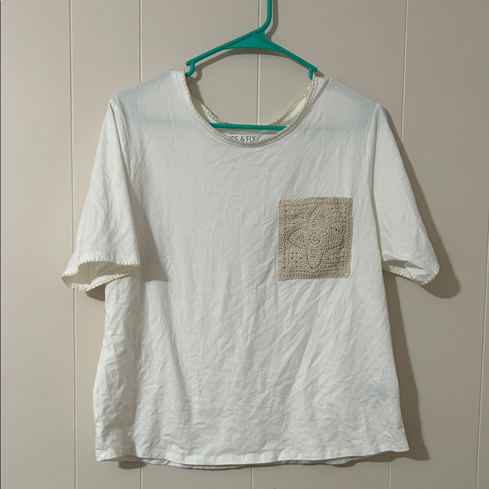 Casual White Tee with Crochet Pocket